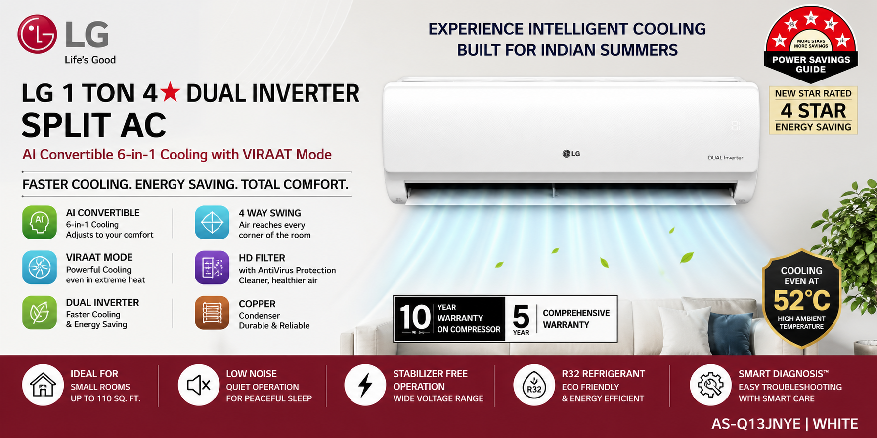 lg 1 ton 4 dual inverter split ac with ai cooling